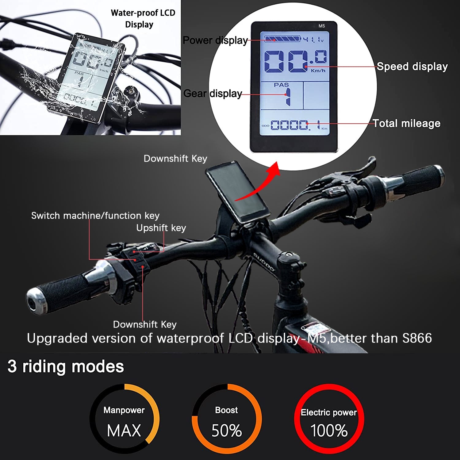 SOODOO Red Warrier 26" Electric Mountain Pedal Bike 36V12A Battery with Integrated wheels