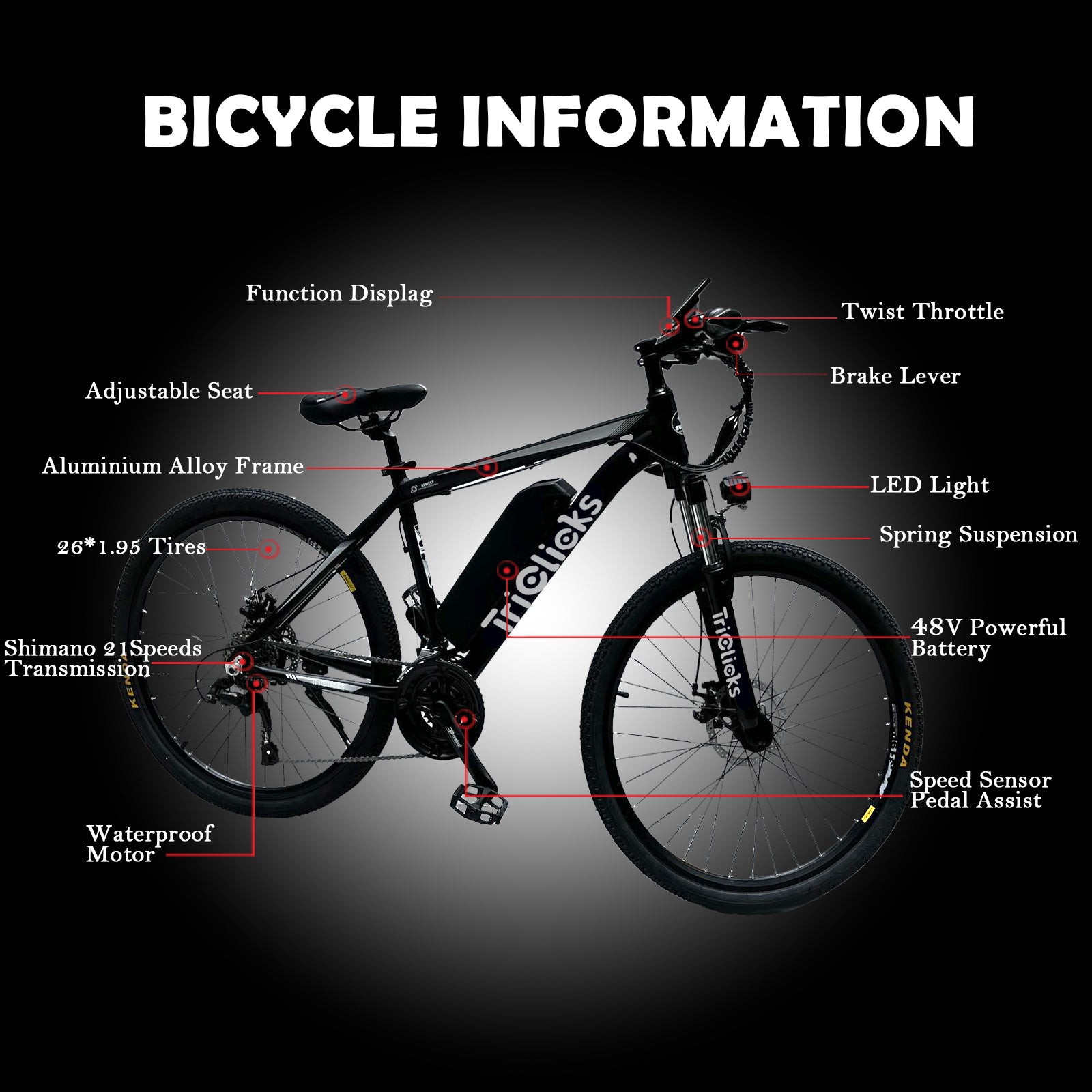 Triclicks Electric Bike 26 Inch Aluminum Alloy Mountain E-Bike 1.95 Tires 36V 13AH Lithium Battery Ebike-2022
